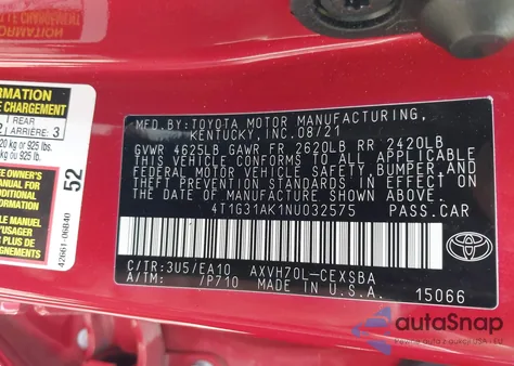 2022 Toyota Camry Se Hybrid from USA, damaged, VIN 4T1G31AK1NU032575